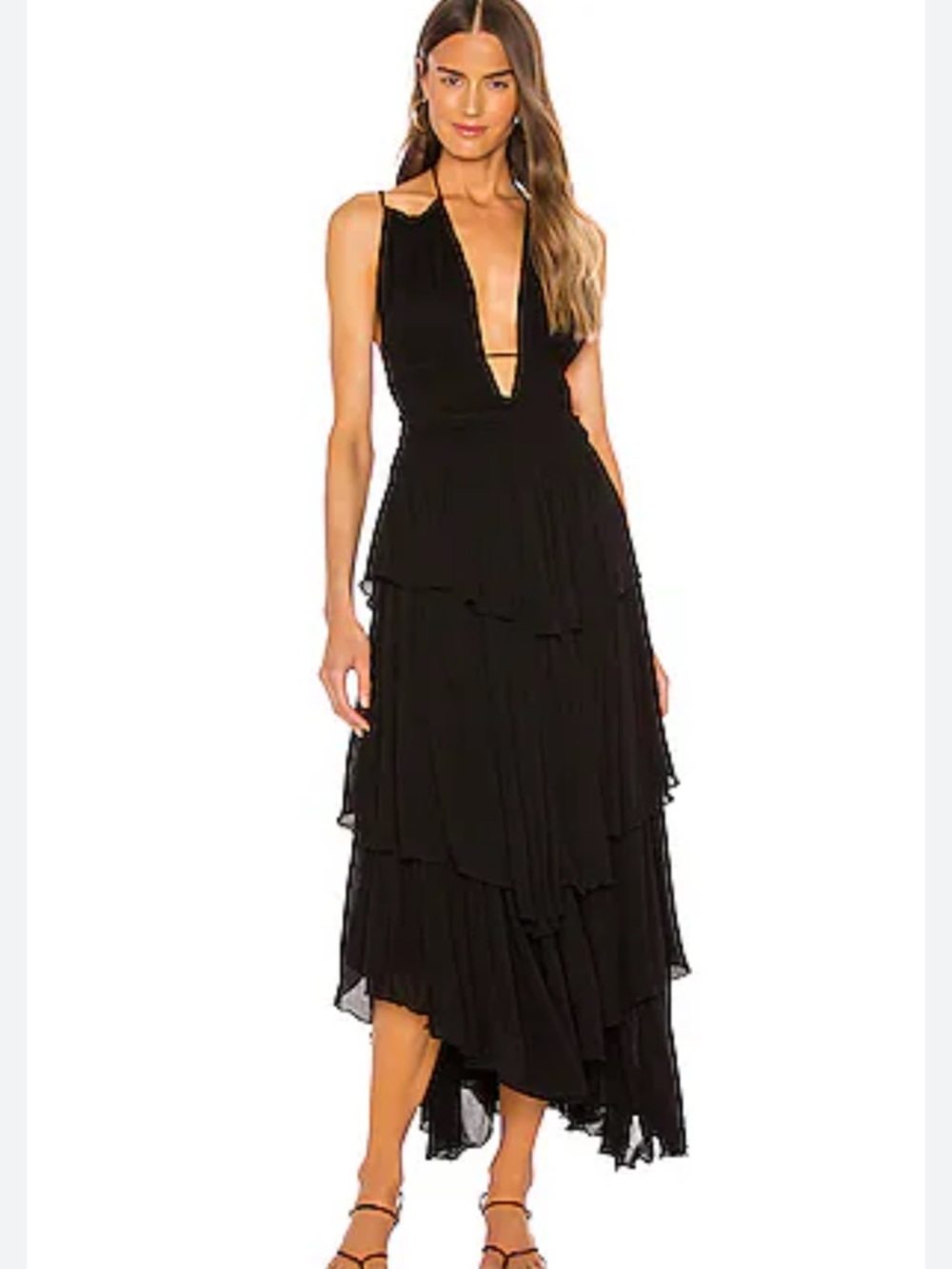 Free People Black Backless Tiered V-Neck Dress Large